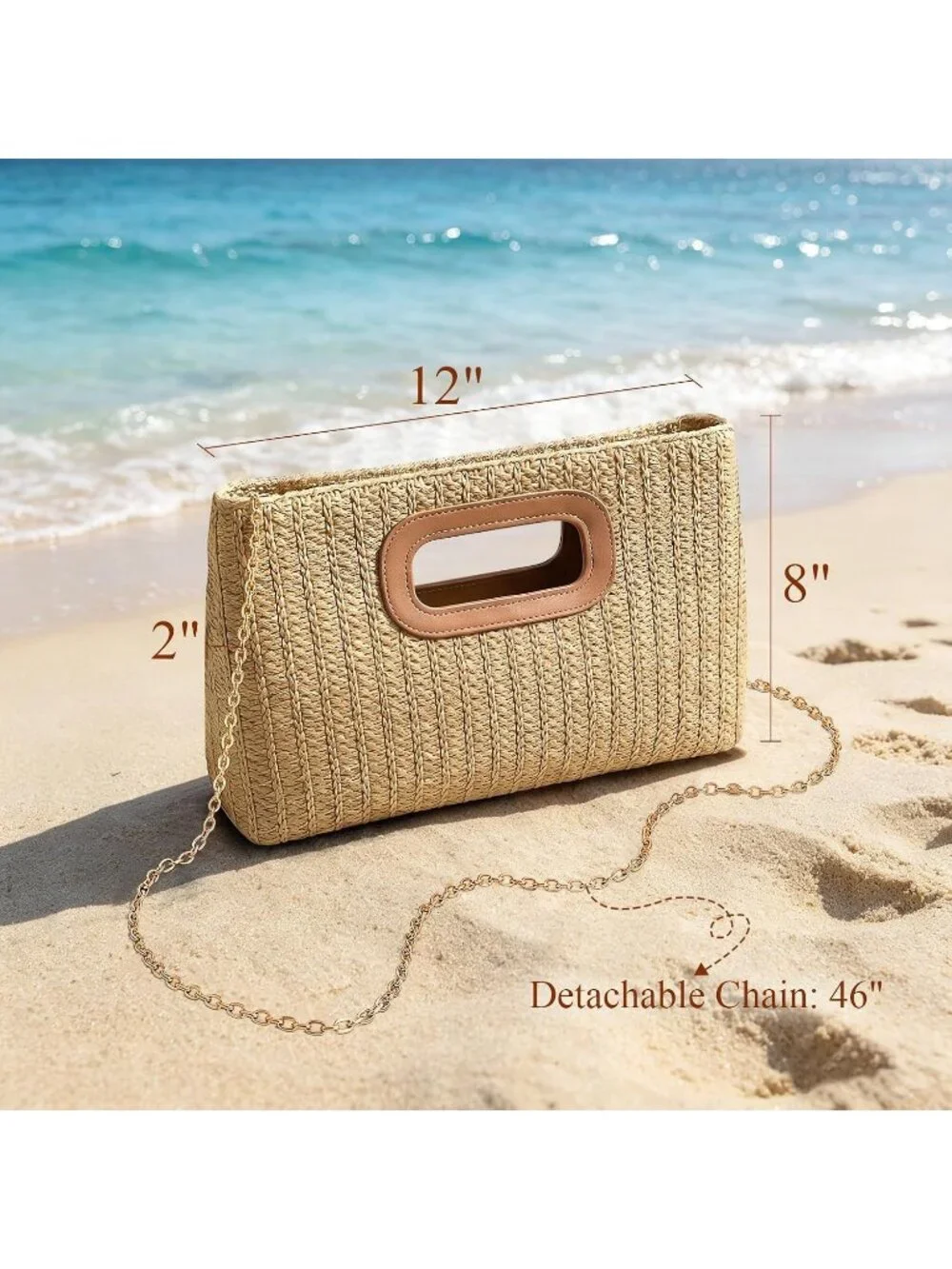 Women's Khaki Clutch Handbag Modern Faux Leather with Metal Handle Evening Bag